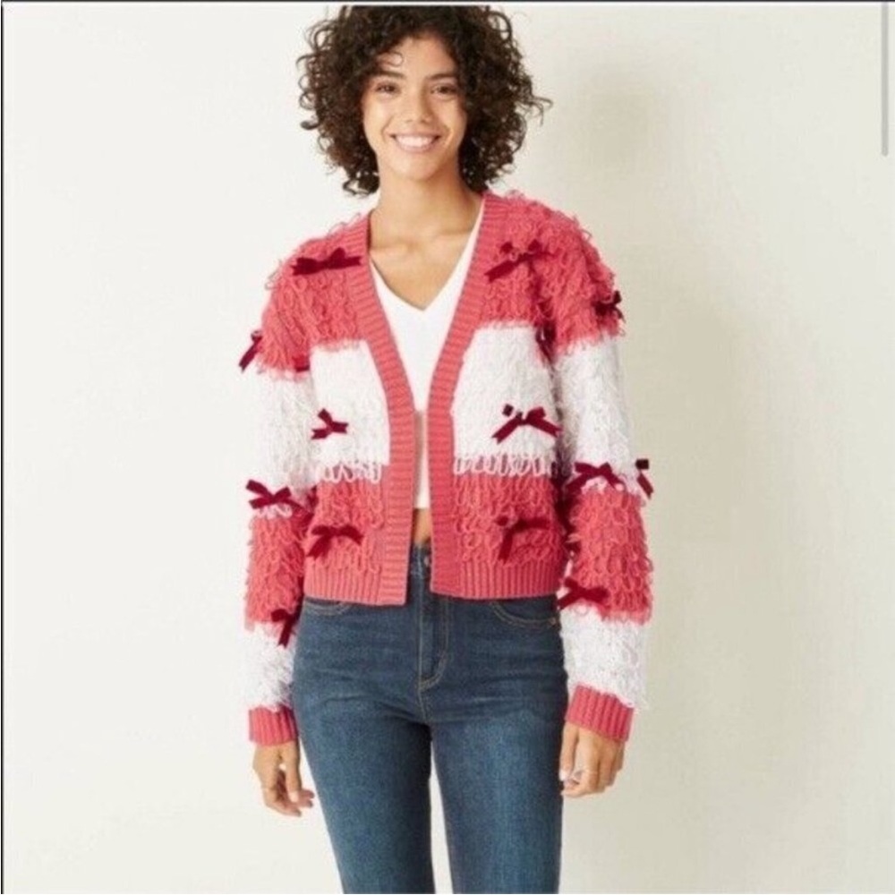 Mighty Fine Pink & White Stripe Bow Cardigan-Size L